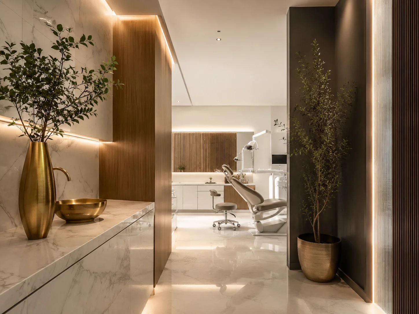 Interior da clínica Duo em mármore, madeira e latão, sob luz quente